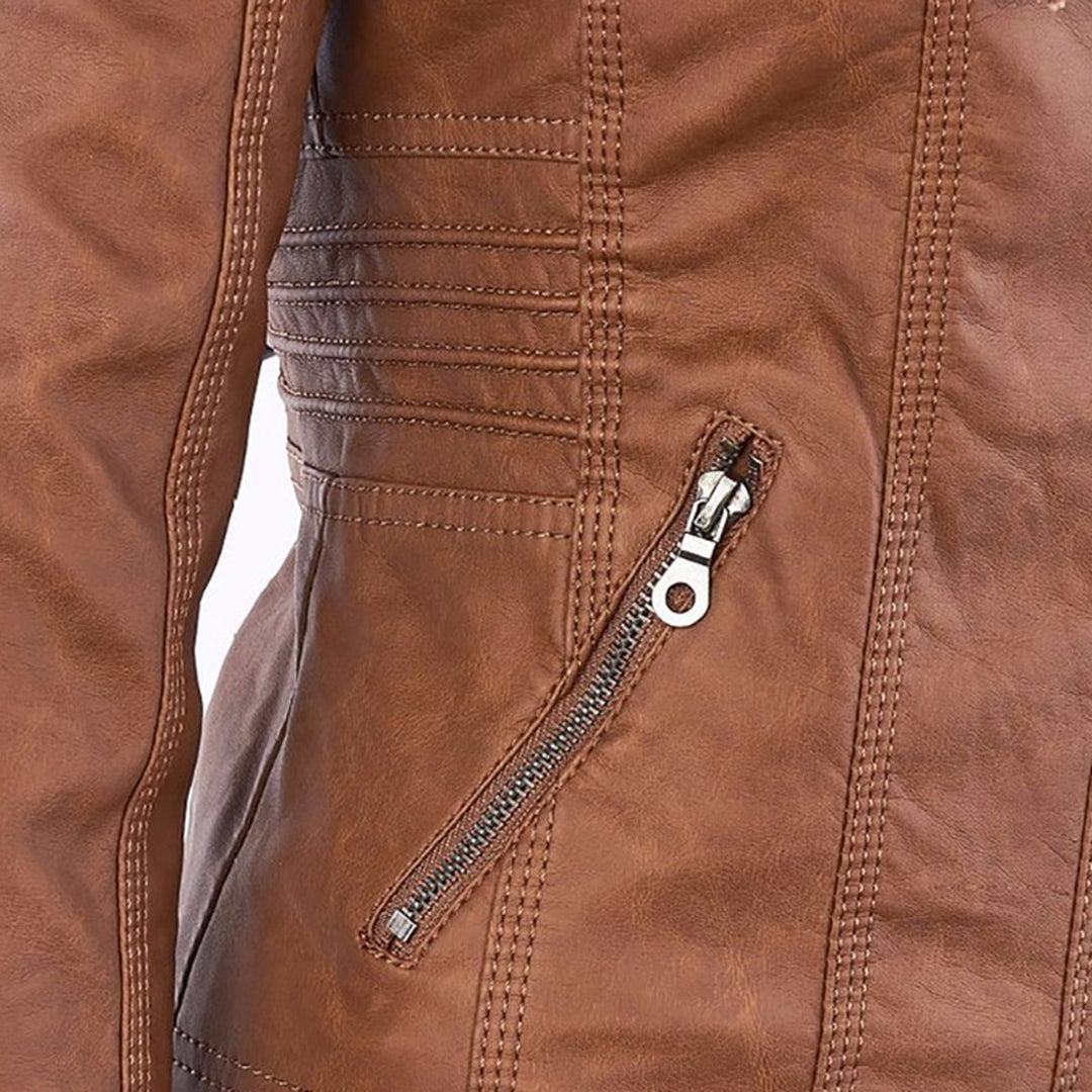 Women's Faux Leather Jacket with Removable Hood