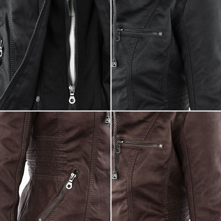 Women's Faux Leather Jacket with Removable Hood