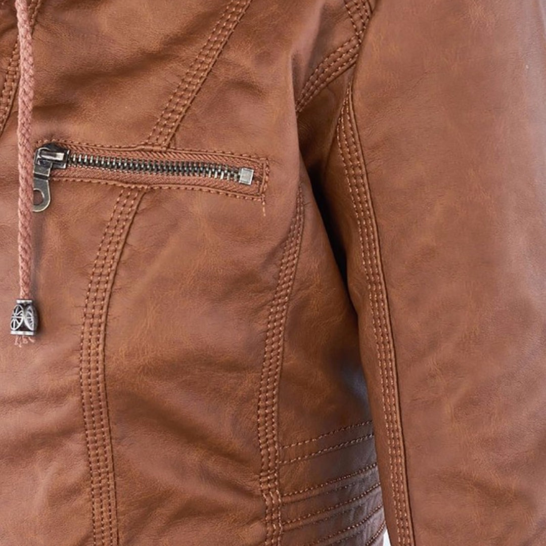 Women's Faux Leather Jacket with Removable Hood