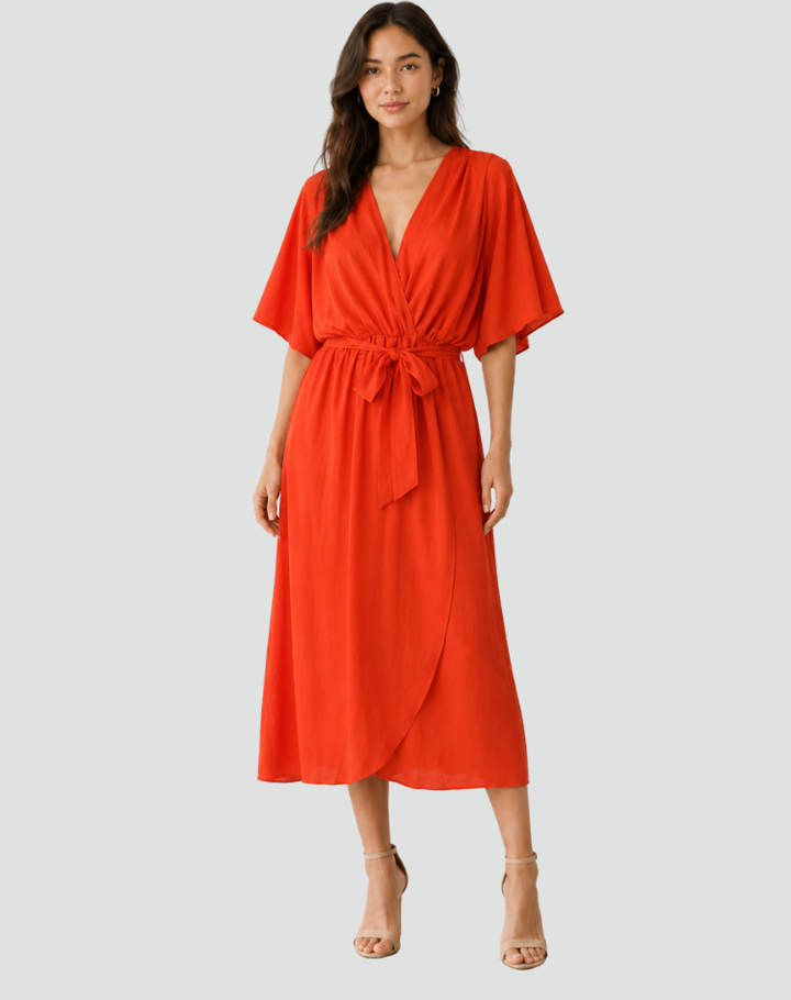 Women's Tie Waist Wrap Midi Dress
