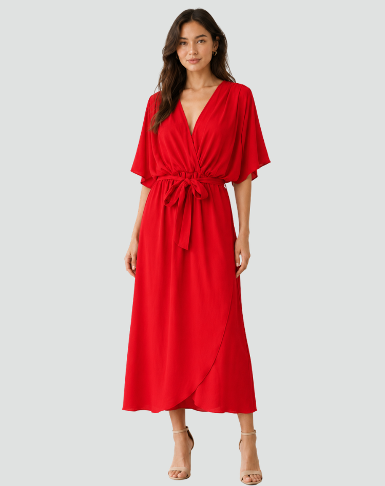 Women's Tie Waist Wrap Midi Dress