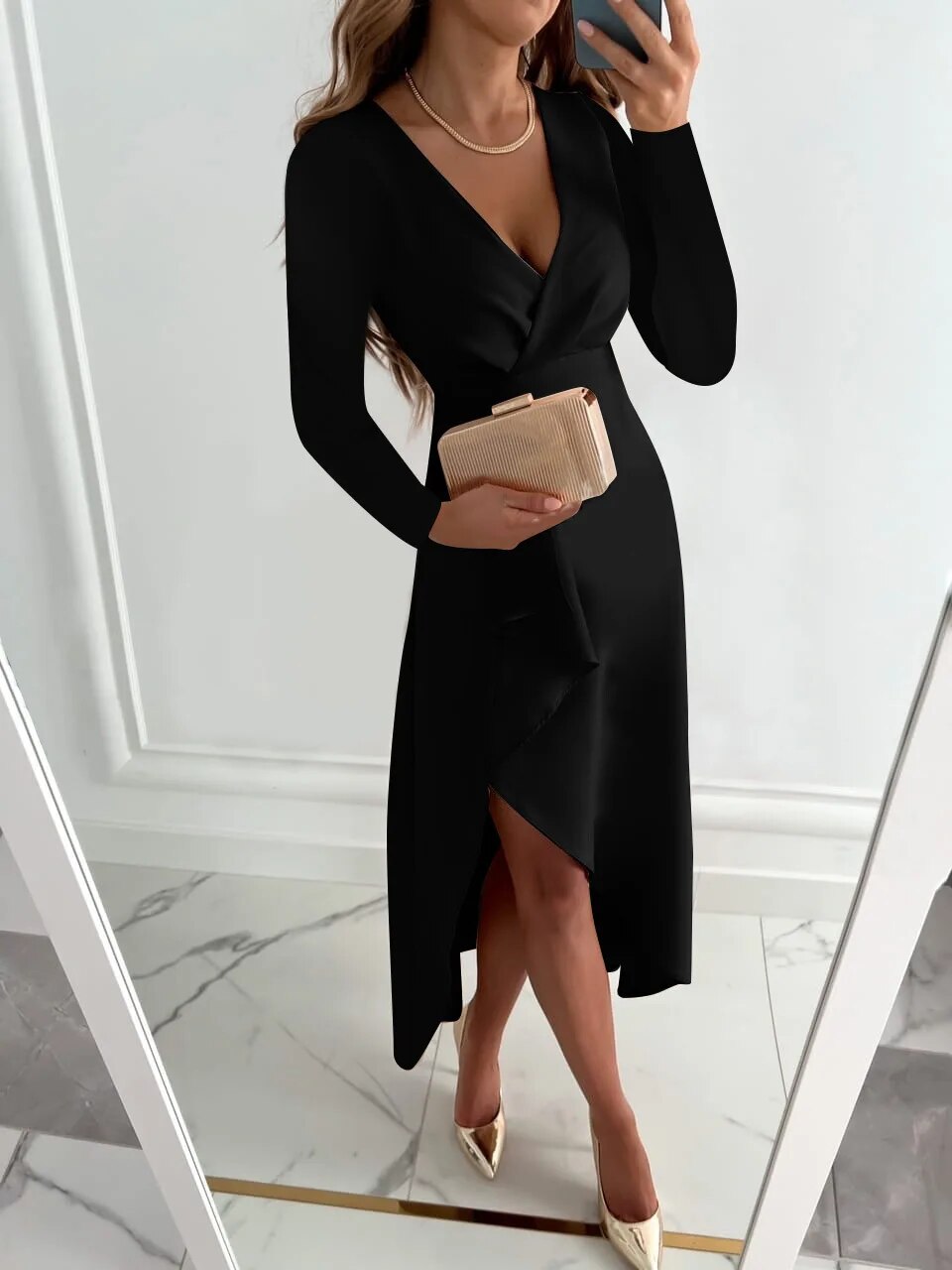 Women's V-Neck Midi Dress with Slit