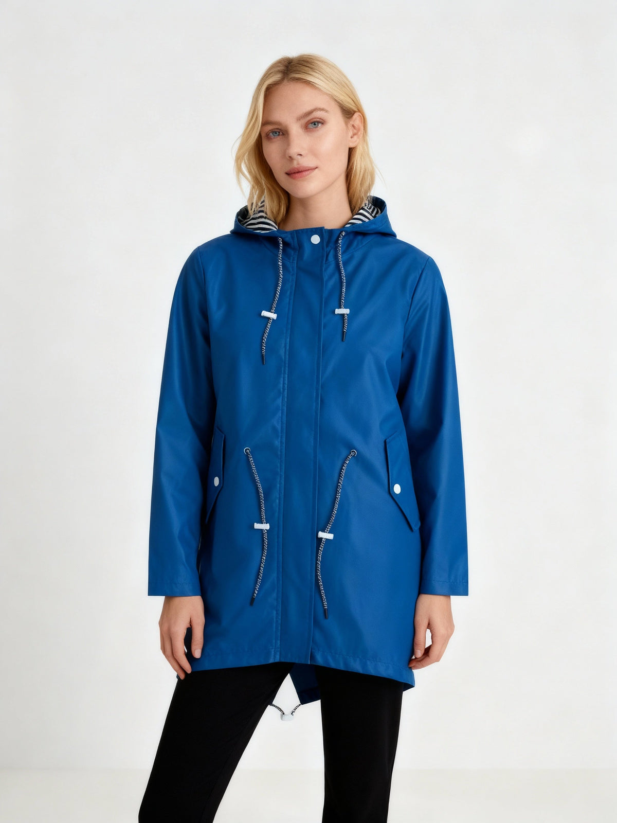 Abrigo impermeable de mujer con capucha y cintura ajustable