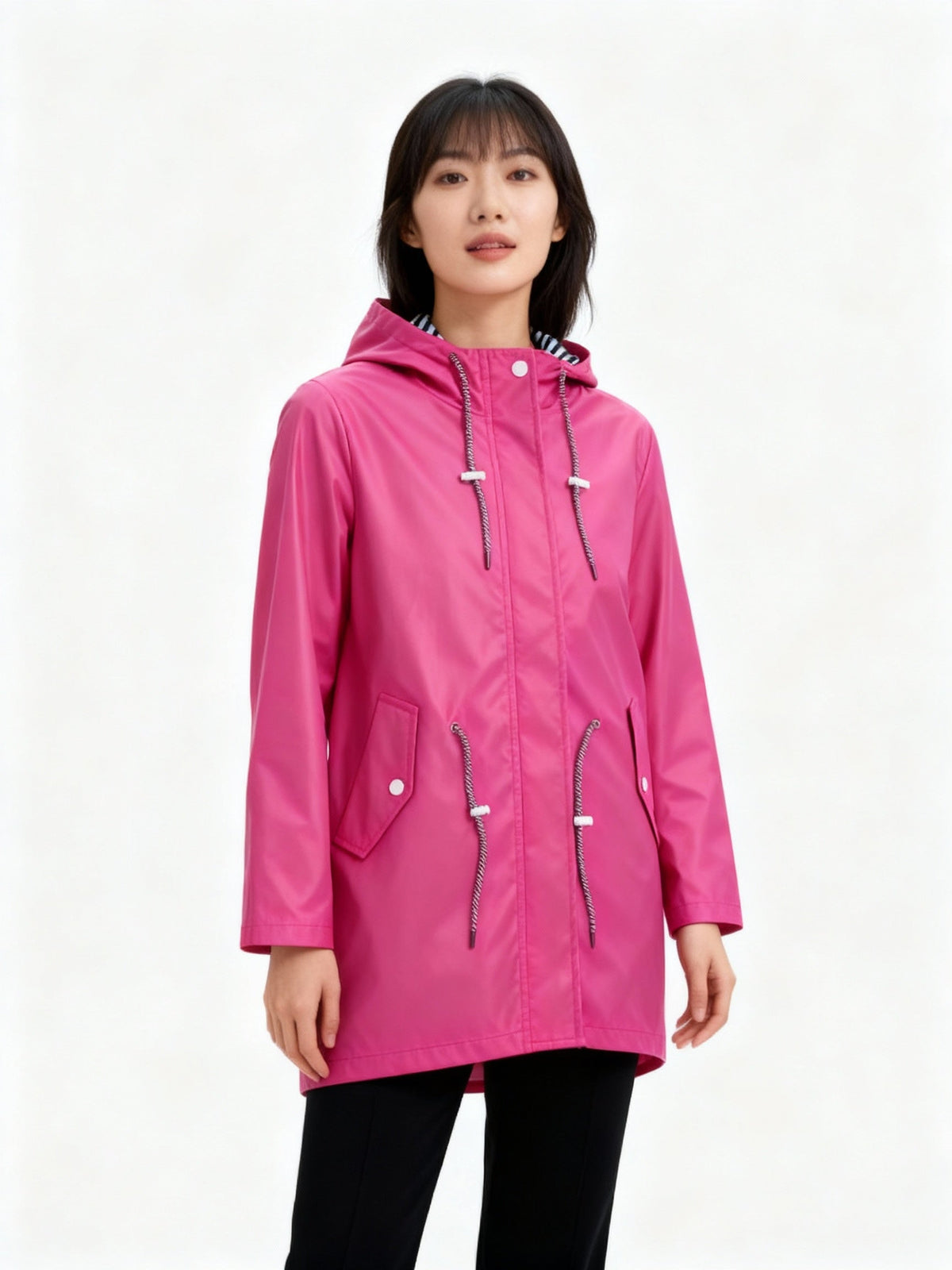 Abrigo impermeable de mujer con capucha y cintura ajustable
