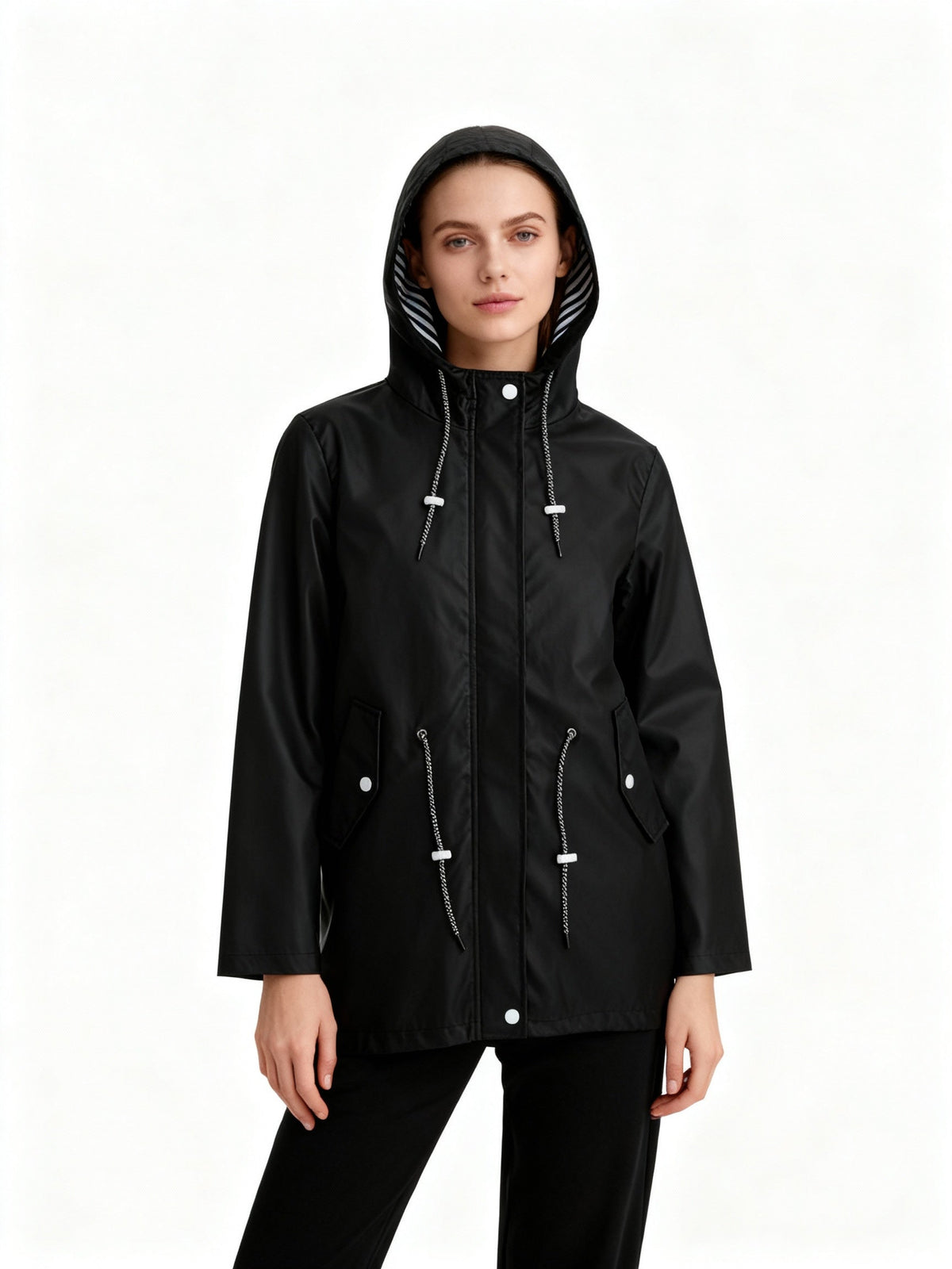 Abrigo impermeable de mujer con capucha y cintura ajustable