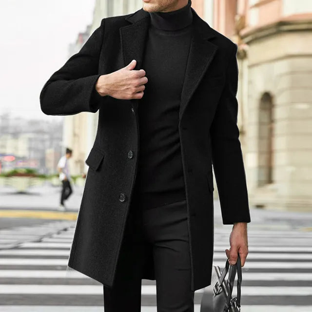 Men's Single-Breasted Long Overcoat