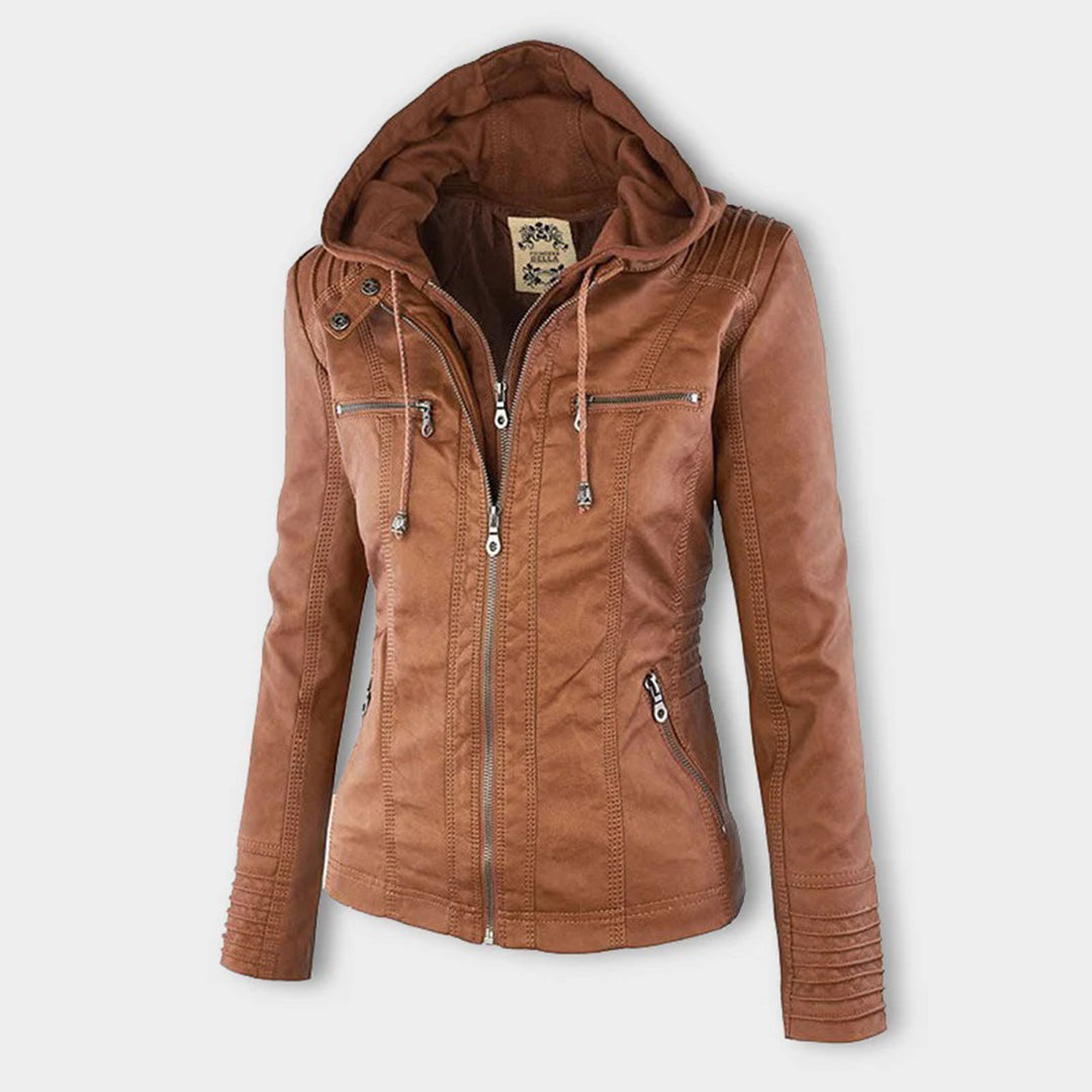 Women's Faux Leather Jacket with Removable Hood