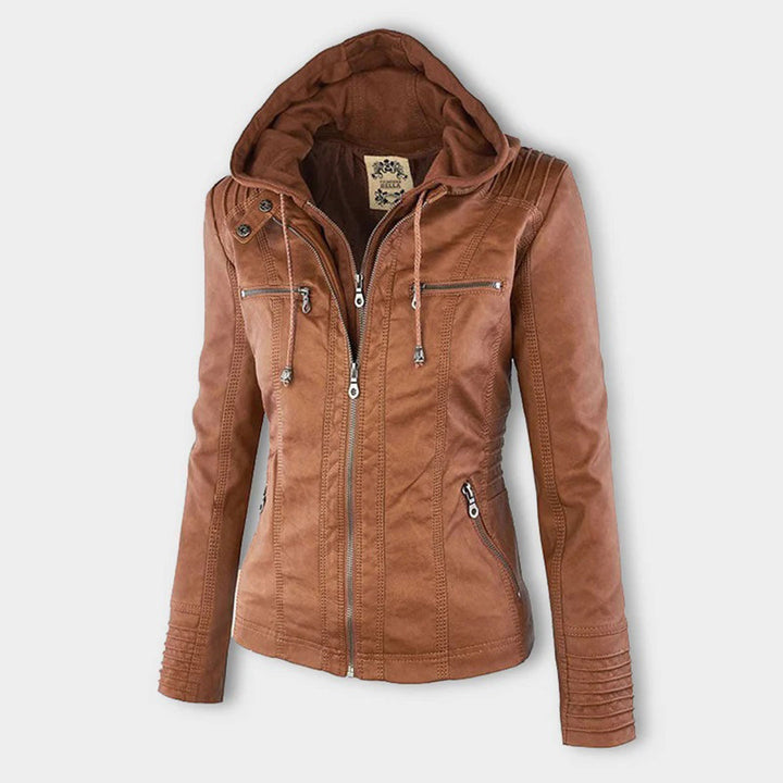 Women's Faux Leather Jacket with Removable Hood