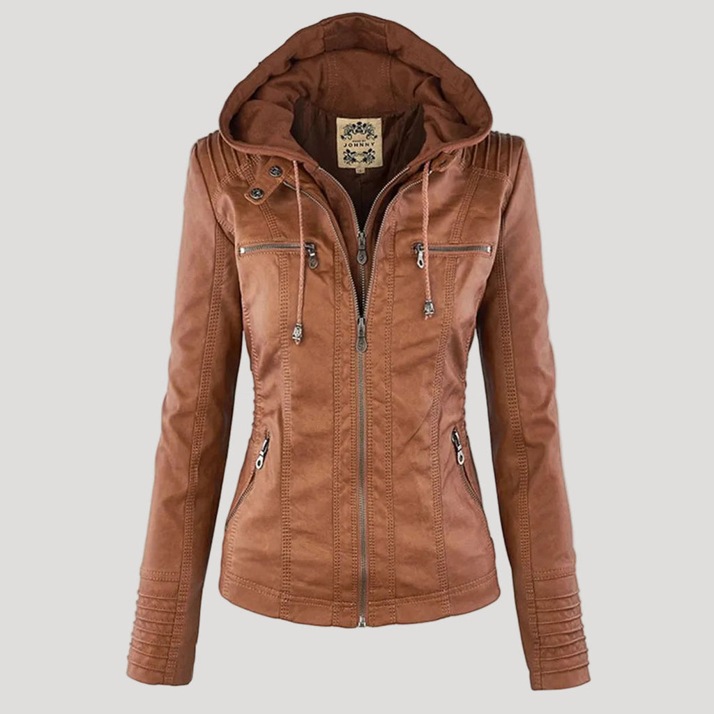 Chaqueta de imitación de cuero para mujer con capucha extraíble
