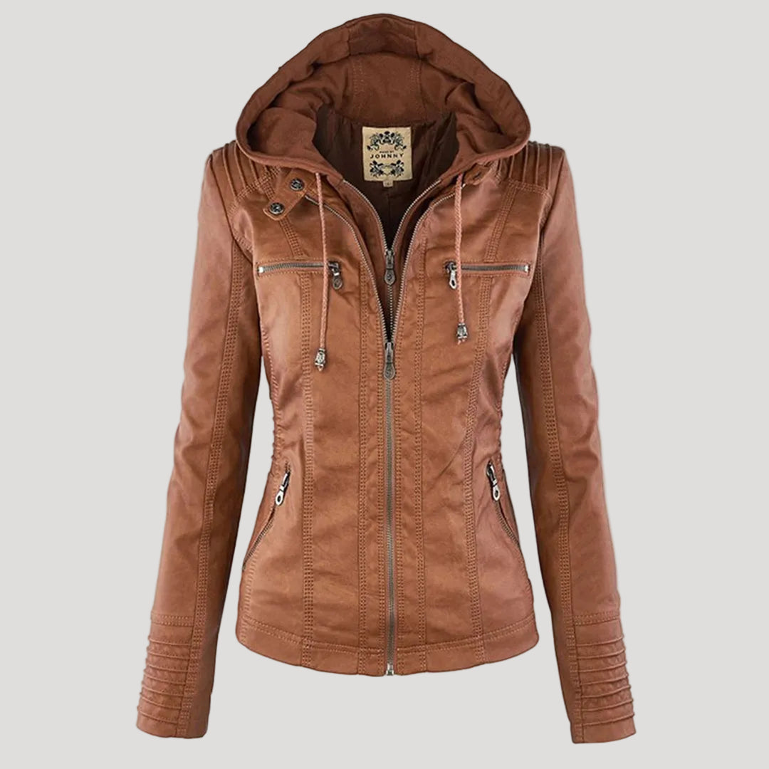 Women's Faux Leather Jacket with Removable Hood
