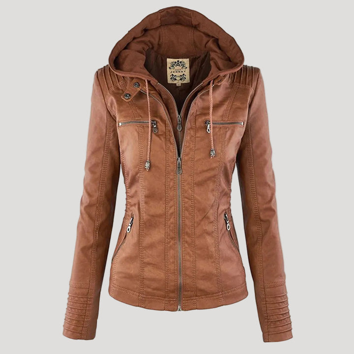Women's Faux Leather Jacket with Removable Hood