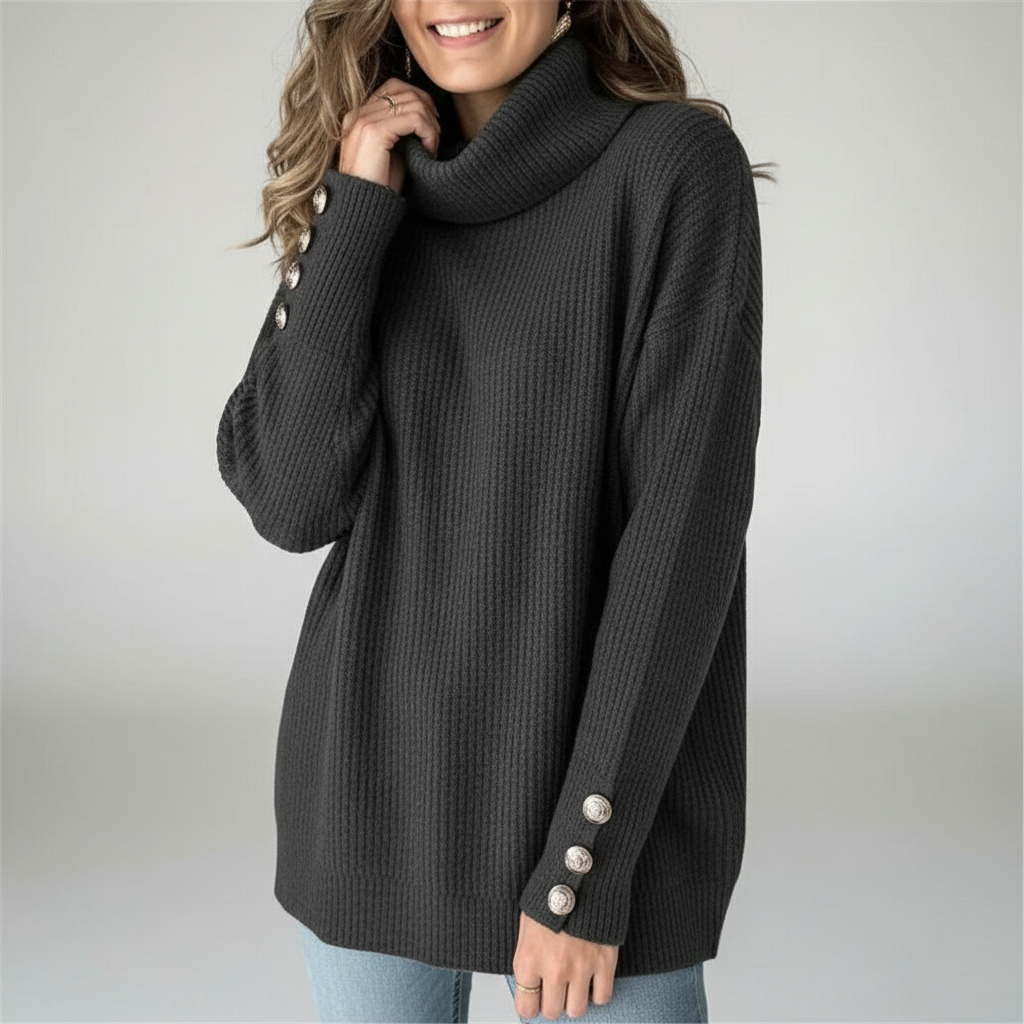 Women's Ribbed Turtleneck Jumper with Button Sleeves