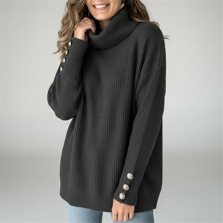 Women's Ribbed Turtleneck Jumper with Button Sleeves