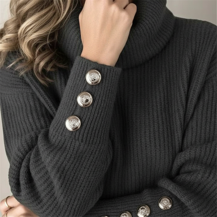 Women's Ribbed Turtleneck Jumper with Button Sleeves