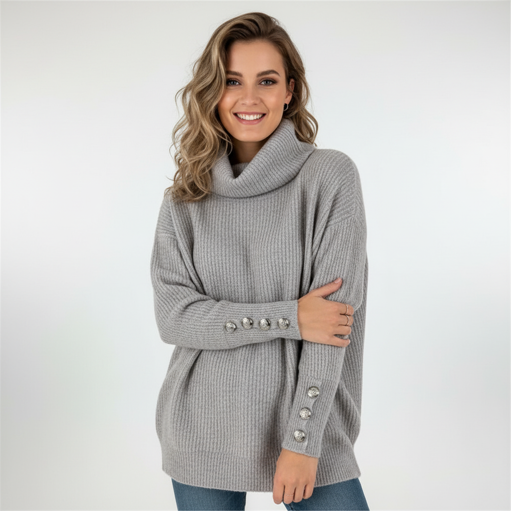 Women's Ribbed Turtleneck Jumper with Button Sleeves