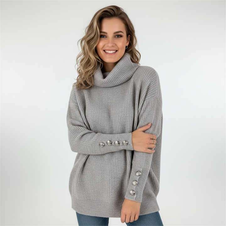Women's Ribbed Turtleneck Jumper with Button Sleeves