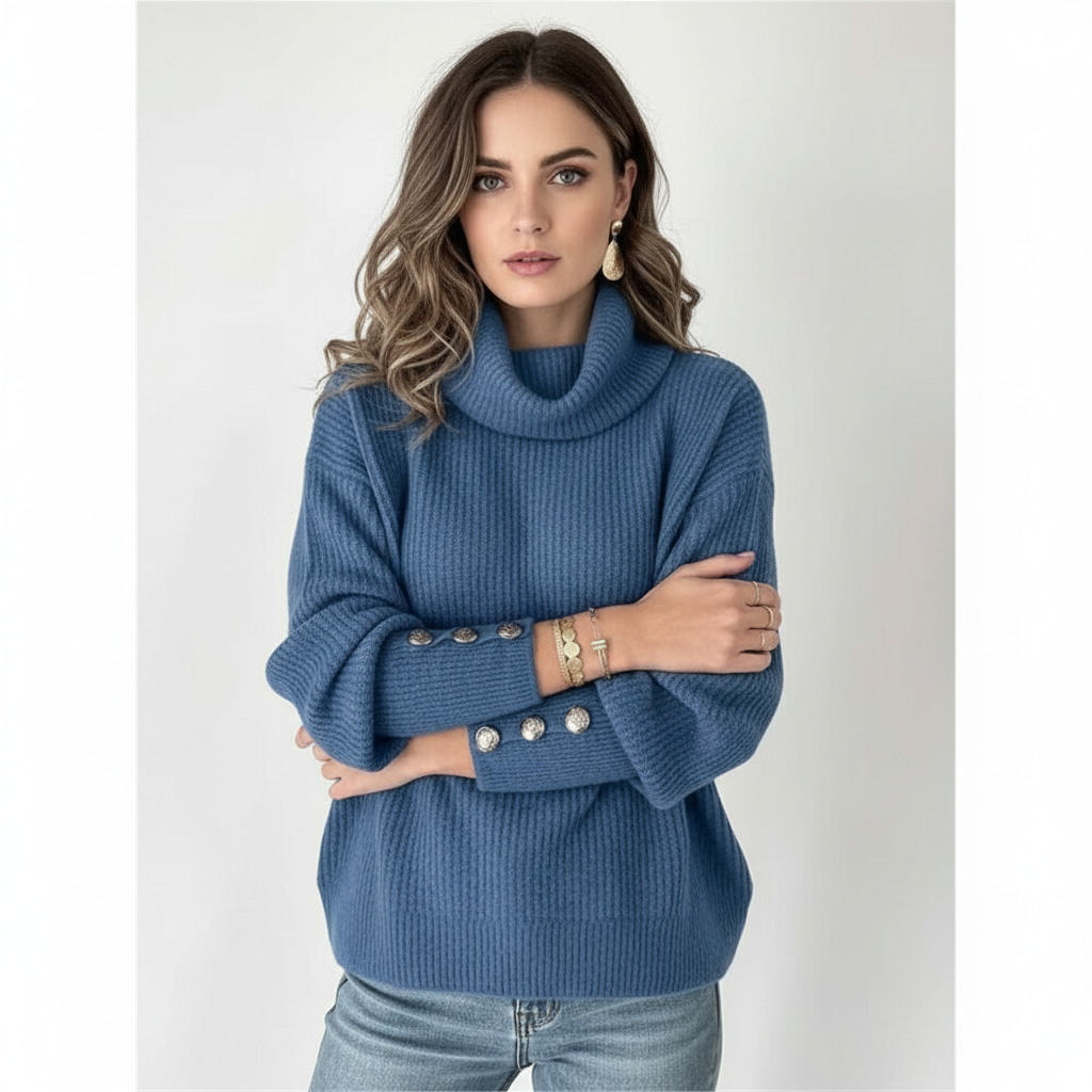 Women's Ribbed Turtleneck Jumper with Button Sleeves