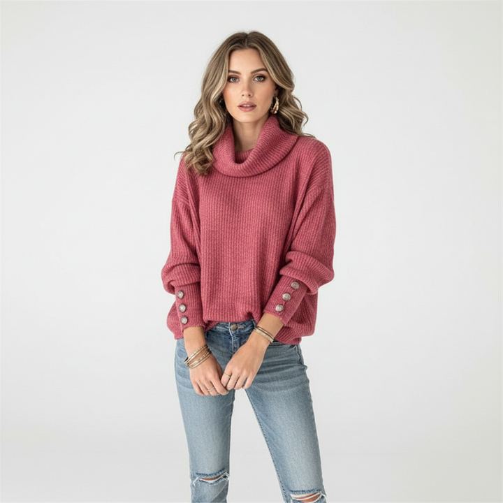 Women's Ribbed Turtleneck Jumper with Button Sleeves