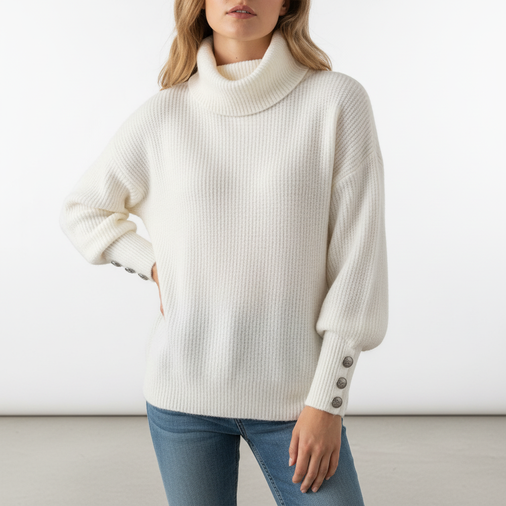 Women's Ribbed Turtleneck Jumper with Button Sleeves