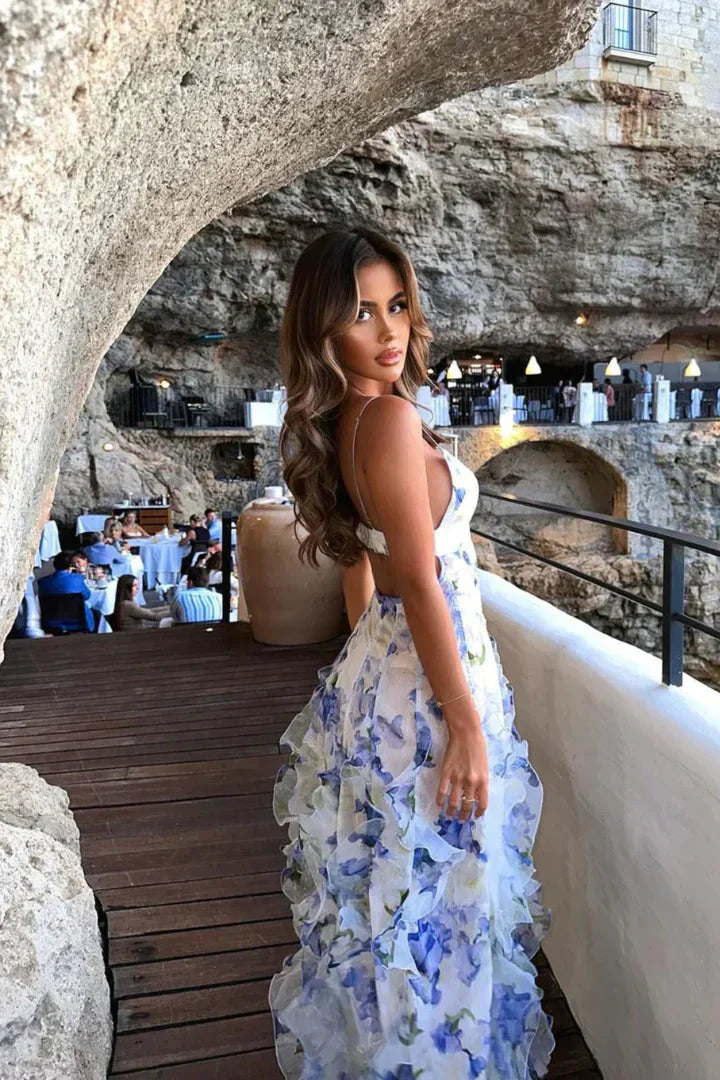 Women's Floral Corset Ruffle Maxi Dress