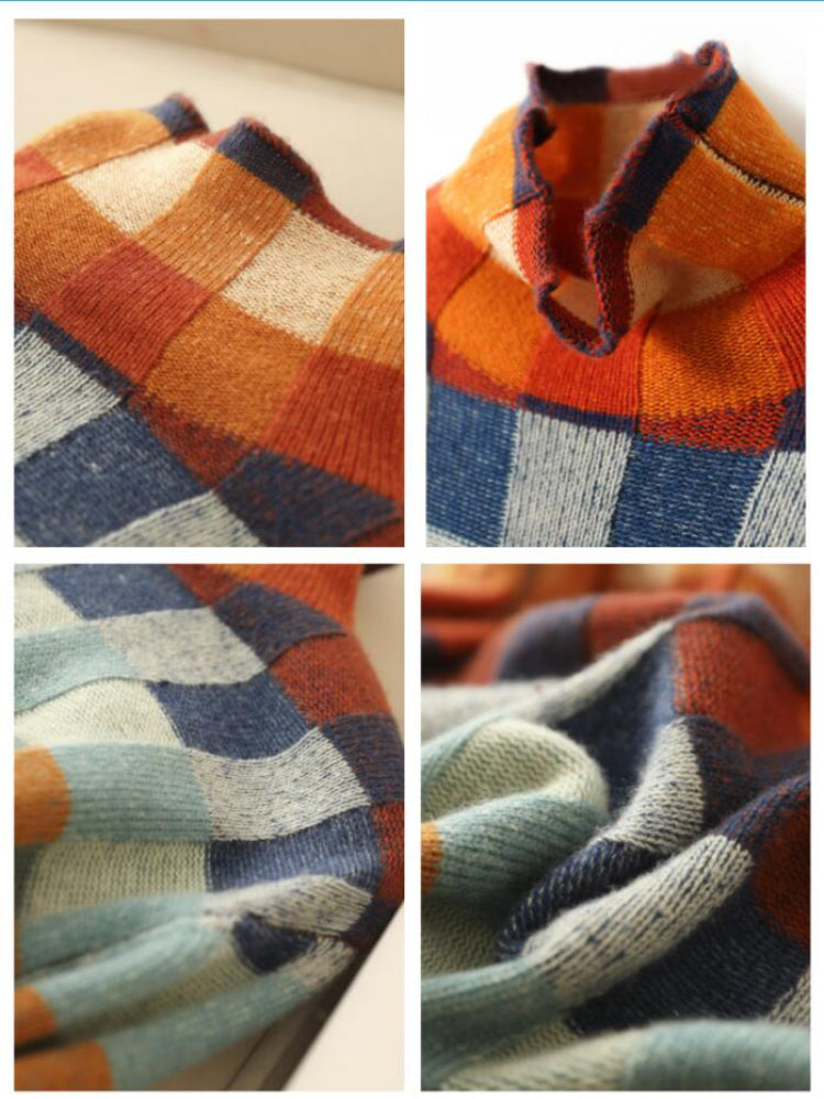 Women's Checked Knit Jumper with High Neck