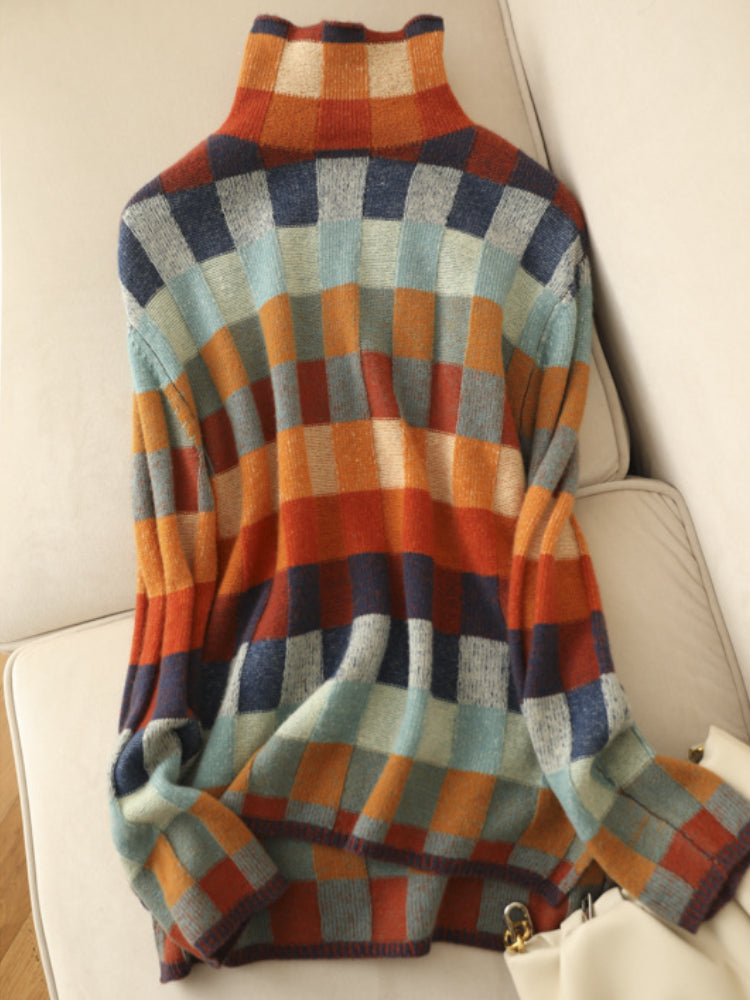 Women's Checked Knit Jumper with High Neck