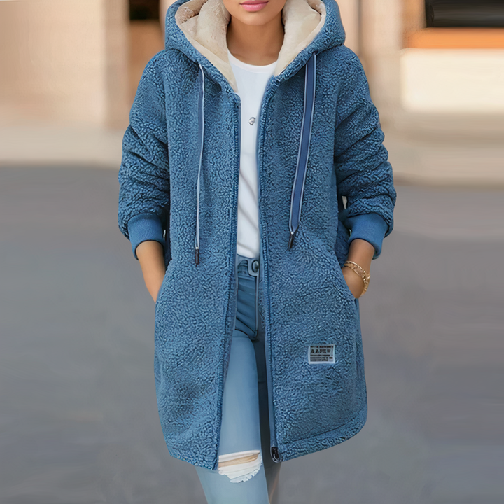 Women's Long Fleece Jacket with Hood and Zip Front