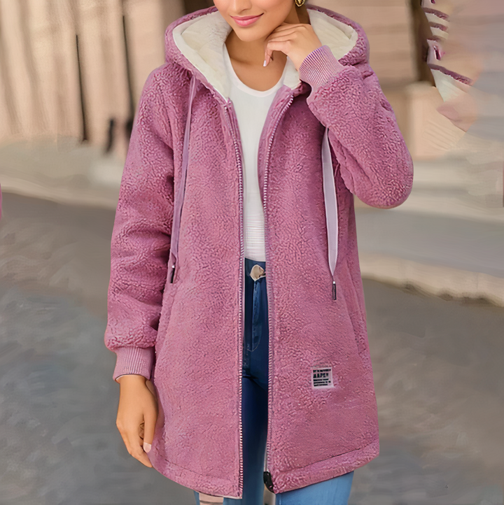 Women's Long Fleece Jacket with Hood and Zip Front
