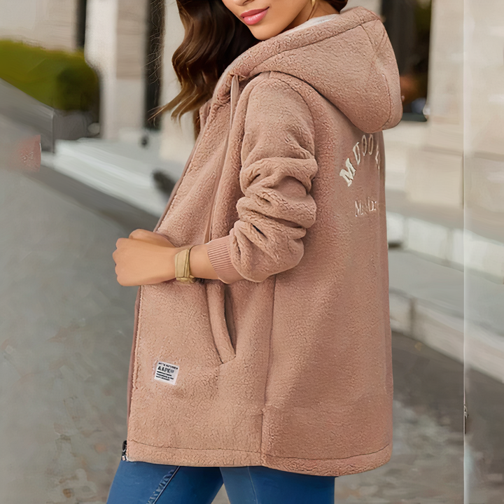Women's Long Fleece Jacket with Hood and Zip Front
