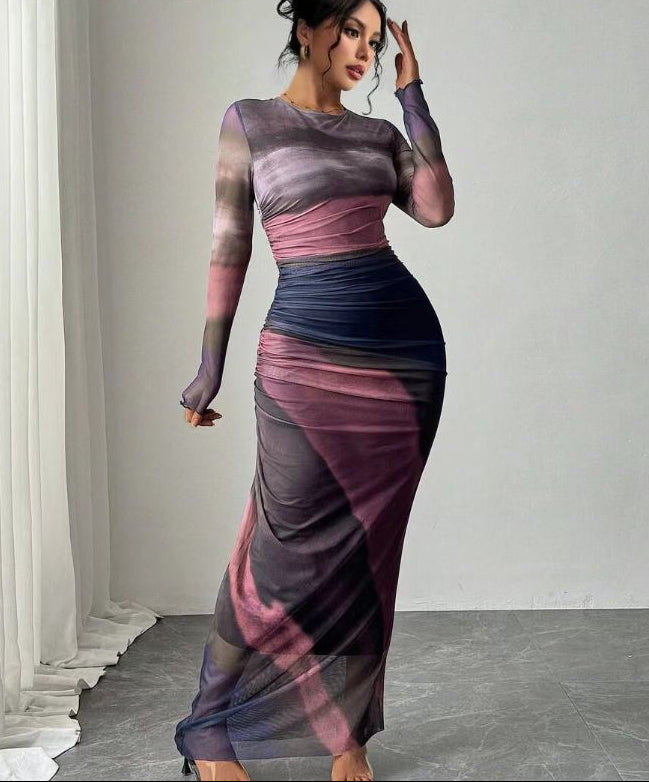 Women's Printed Long Sleeve Maxi Dress