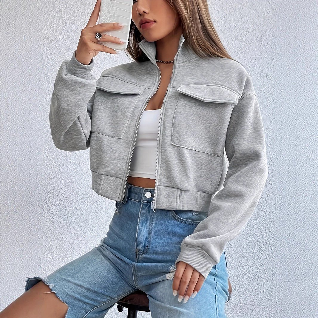 Women's Cropped Casual Jacket with Pockets