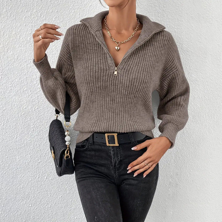 Women's Ribbed Half-Zip Jumper with Stand Collar