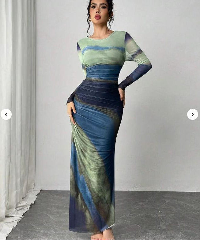 Women's Printed Long Sleeve Maxi Dress