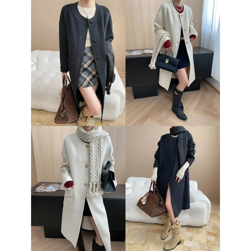 Women's Wool Coat with Round Neck and Button Front