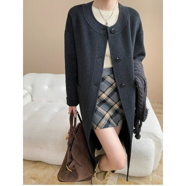 Women's Wool Coat with Round Neck and Button Front