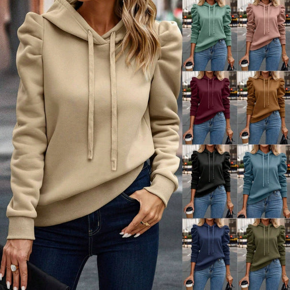 Women's Hoodie with Drawstring and Puff Sleeves