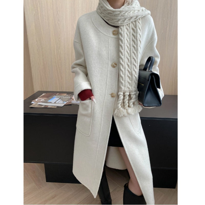 Women's Wool Coat with Round Neck and Button Front