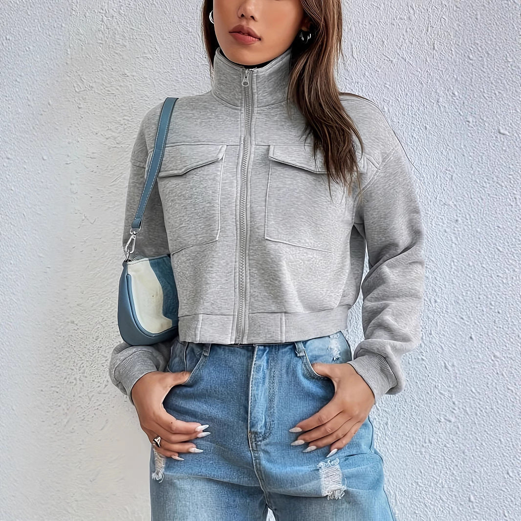 Women's Cropped Casual Jacket with Pockets