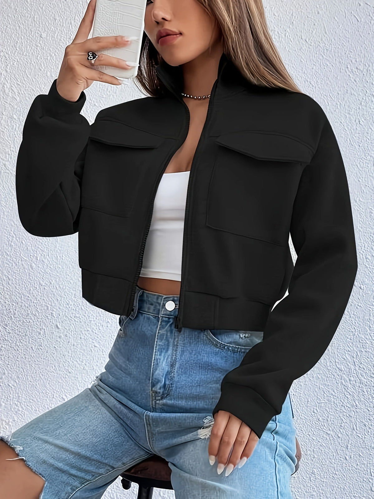 Women's Cropped Casual Jacket with Pockets