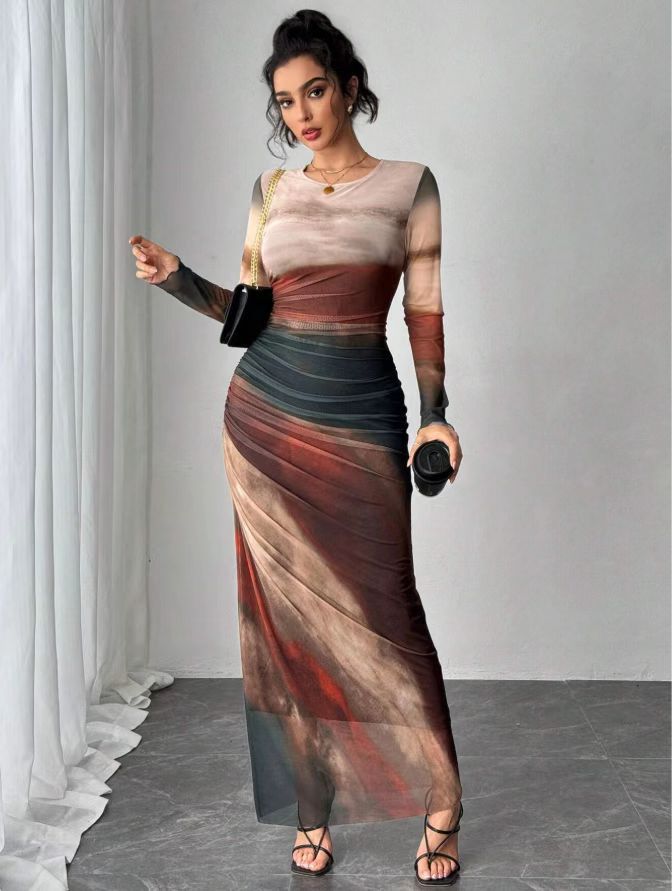 Women's Printed Long Sleeve Maxi Dress