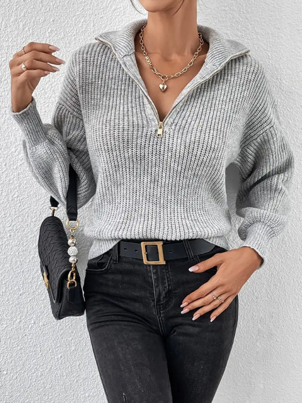 Women's Ribbed Half-Zip Jumper with Stand Collar