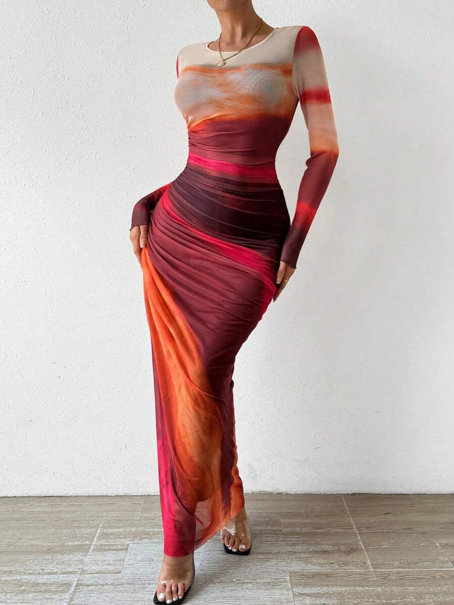 Women's Printed Long Sleeve Maxi Dress