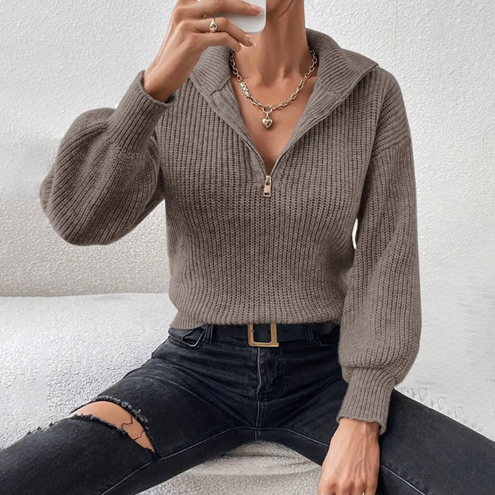 Women's Ribbed Half-Zip Jumper with Stand Collar