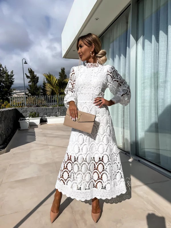 Women's High Neck Lace Puff Sleeve Dress
