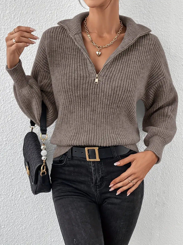 Women's Ribbed Half-Zip Jumper with Stand Collar