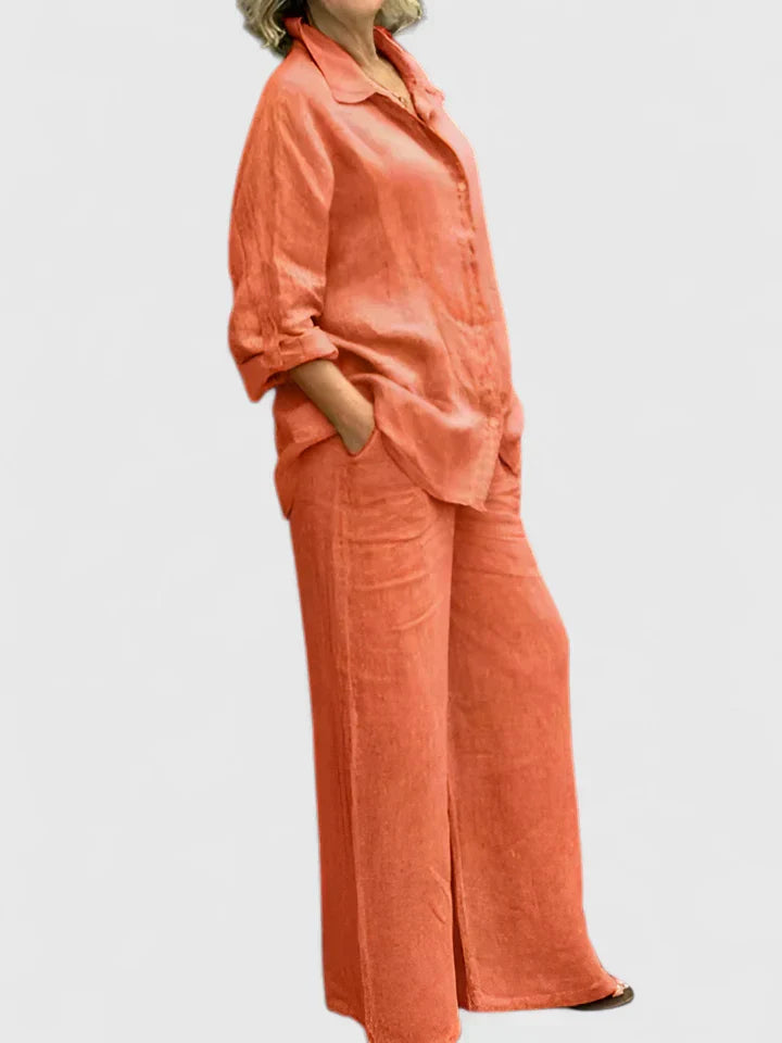 Iwona | Women's Linen Set with Shirt and Wide Trousers