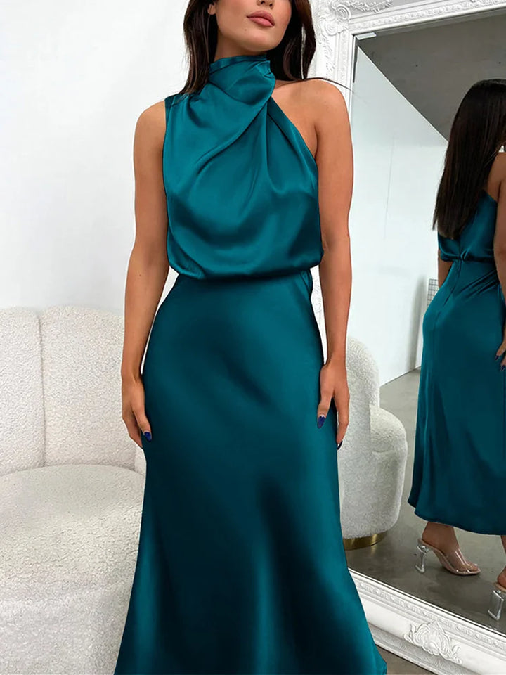 Celestine | Satin Midi Dress with Asymmetrical Neckline