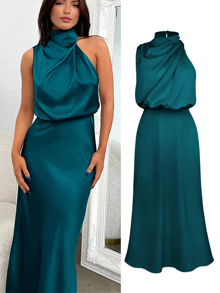 Celestine | Satin Midi Dress with Asymmetrical Neckline