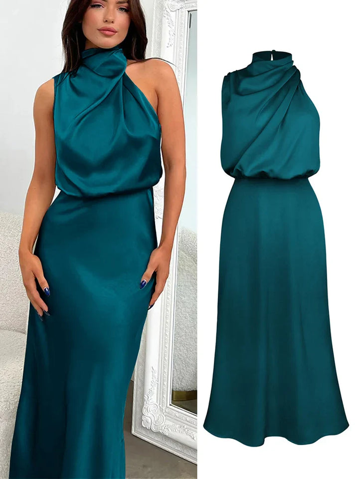 Celestine | Satin Midi Dress with Asymmetrical Neckline