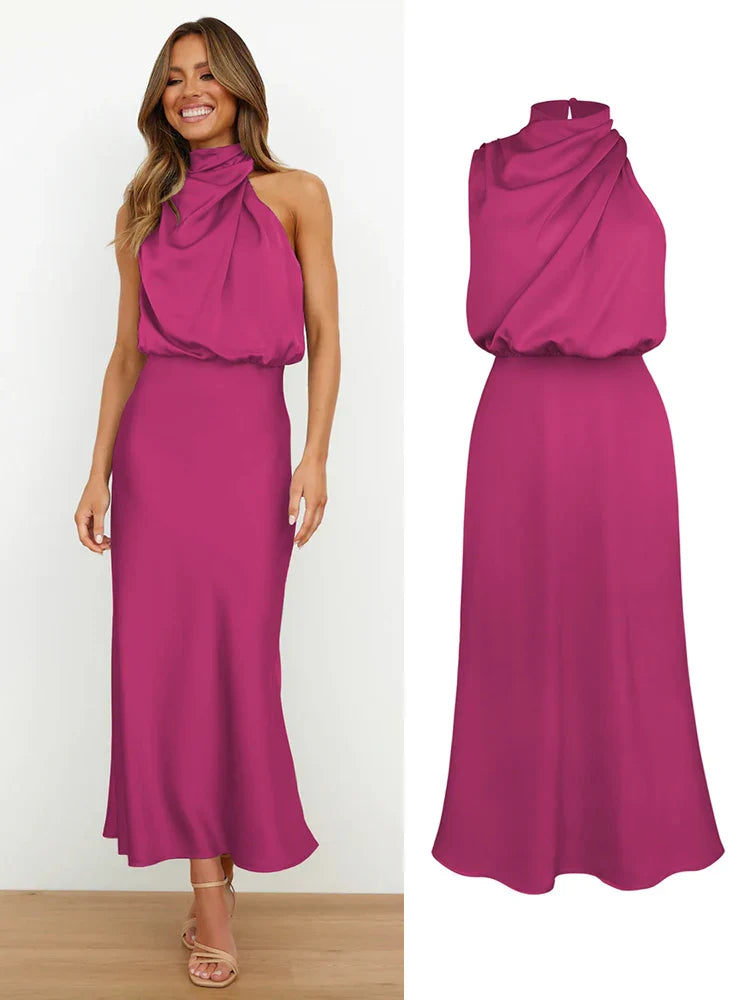 Celestine | Satin Midi Dress with Asymmetrical Neckline